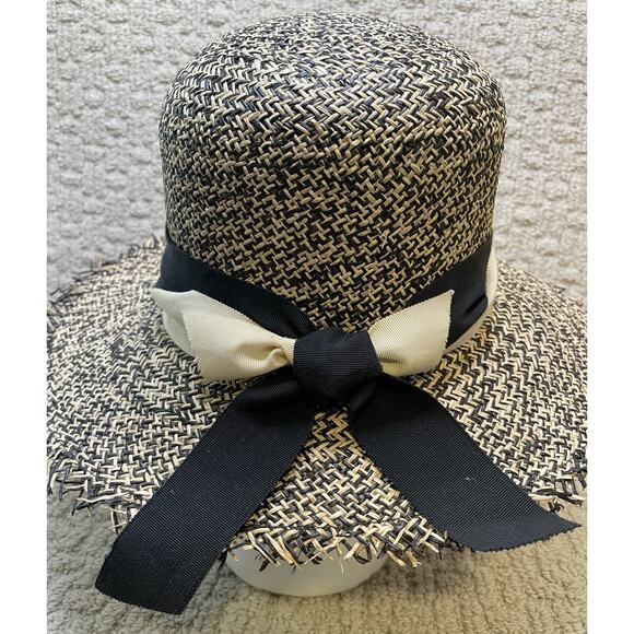 Brenda Lynn Black Beige Wide Brim Straw Hat OS Ribbon Trim Fringe main image 7